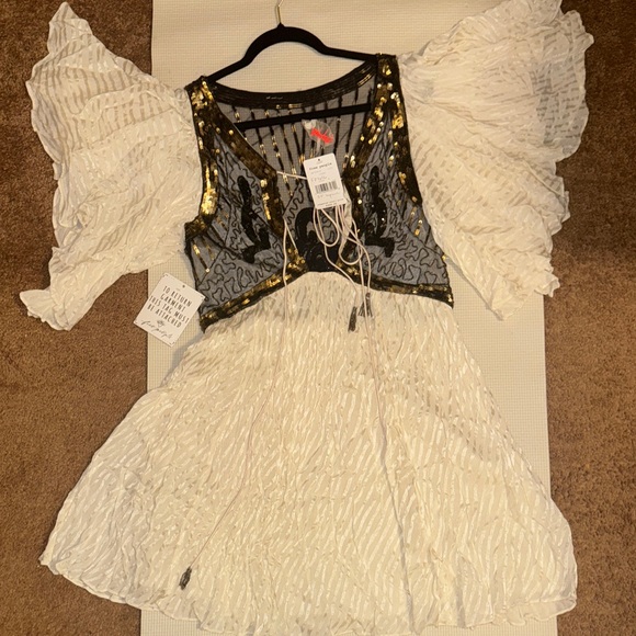 Free People Dresses & Skirts - Free People White and Gold Mini Dress with Black Sheer Detail